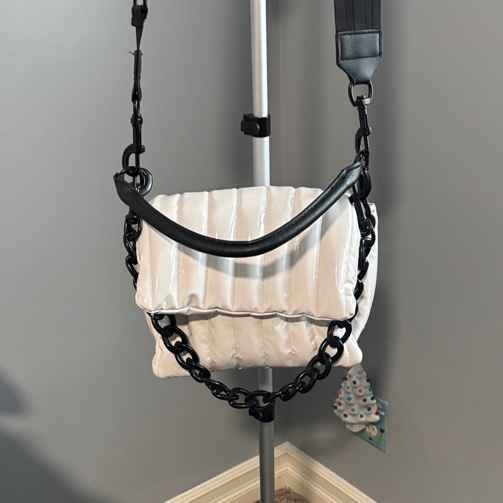 THINK ROYLN White Quilted Crossbody Bag with Black Chain
